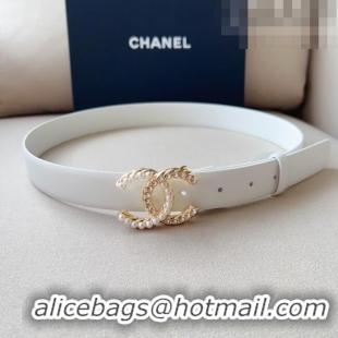 Top Quality Chanel Smooth Leather Belt with Pearl CC Buckle 30mm CH8233 White/Gold 2023