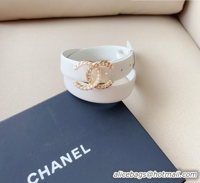 Top Quality Chanel Smooth Leather Belt with Pearl CC Buckle 30mm CH8233 White/Gold 2023