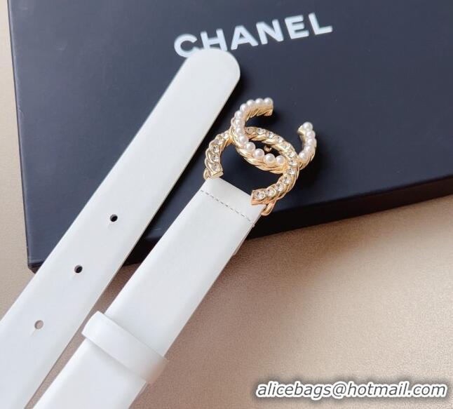 Top Quality Chanel Smooth Leather Belt with Pearl CC Buckle 30mm CH8233 White/Gold 2023