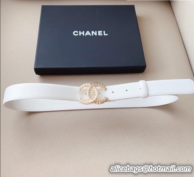 Top Quality Chanel Smooth Leather Belt with Pearl CC Buckle 30mm CH8233 White/Gold 2023