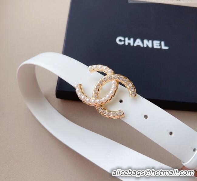 Top Quality Chanel Smooth Leather Belt with Pearl CC Buckle 30mm CH8233 White/Gold 2023