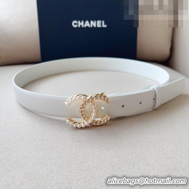 Top Quality Chanel Smooth Leather Belt with Pearl CC Buckle 30mm CH8233 White/Gold 2023