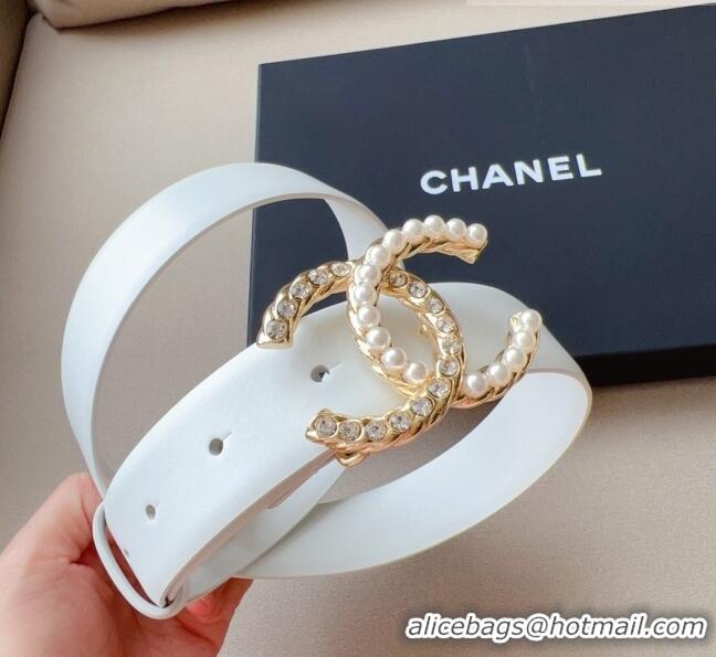 Top Quality Chanel Smooth Leather Belt with Pearl CC Buckle 30mm CH8233 White/Gold 2023