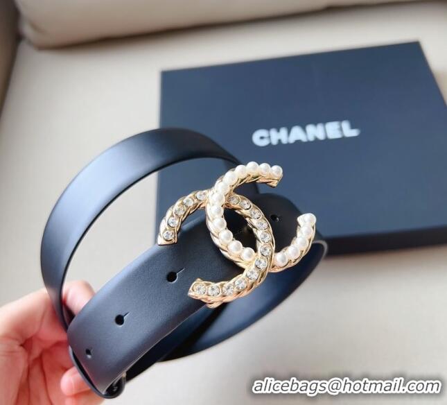 ​Shop Grade Chanel Smooth Leather Belt with Pearl CC Buckle 30mm CH8233 Black/Gold 2023