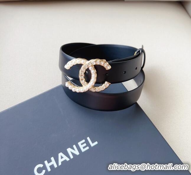 ​Shop Grade Chanel Smooth Leather Belt with Pearl CC Buckle 30mm CH8233 Black/Gold 2023