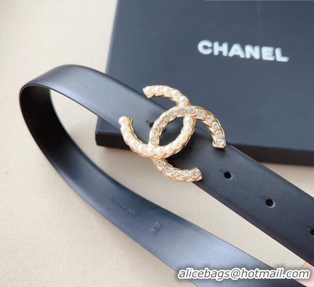 ​Shop Grade Chanel Smooth Leather Belt with Pearl CC Buckle 30mm CH8233 Black/Gold 2023