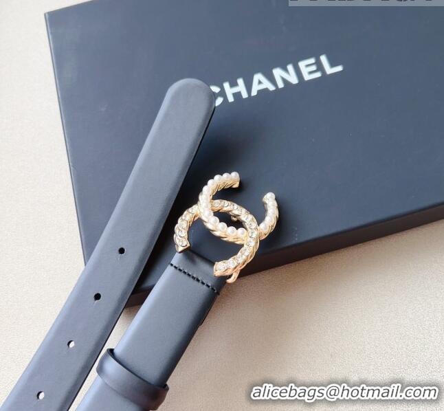 ​Shop Grade Chanel Smooth Leather Belt with Pearl CC Buckle 30mm CH8233 Black/Gold 2023