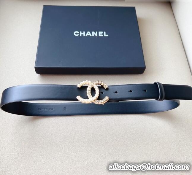 ​Shop Grade Chanel Smooth Leather Belt with Pearl CC Buckle 30mm CH8233 Black/Gold 2023