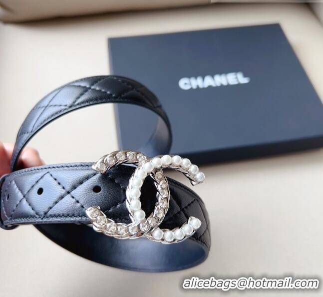 Affordable Price Chanel Quilted Leather Belt with Pearl CC Buckle 30mm CH8234 Black/Silver 2023