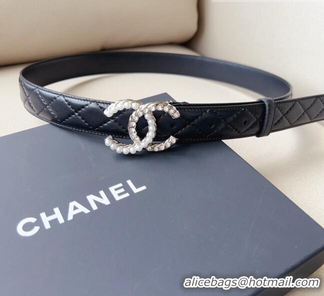 Affordable Price Chanel Quilted Leather Belt with Pearl CC Buckle 30mm CH8234 Black/Silver 2023