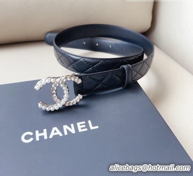 Affordable Price Chanel Quilted Leather Belt with Pearl CC Buckle 30mm CH8234 Black/Silver 2023