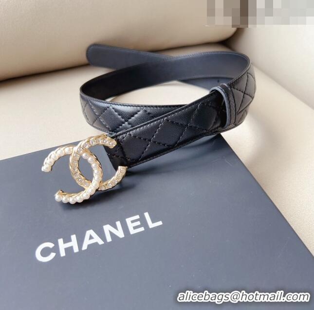 Top Grade Chanel Quilted Leather Belt with Pearl CC Buckle 30mm CH8234 Black/Gold 2023