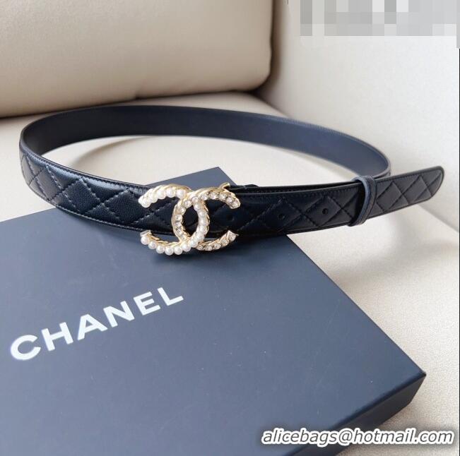 Top Grade Chanel Quilted Leather Belt with Pearl CC Buckle 30mm CH8234 Black/Gold 2023