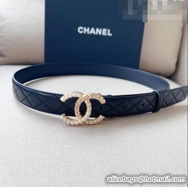 Top Grade Chanel Quilted Leather Belt with Pearl CC Buckle 30mm CH8234 Black/Gold 2023