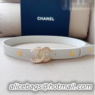 Most Popular Chanel Leather Belt with Pearl CC Buckle 30mm CH8234 White/Gold 2023