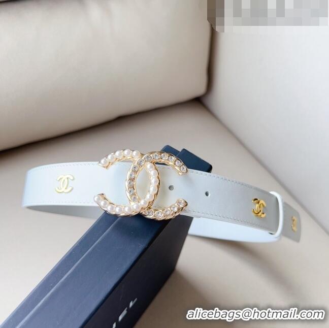 Most Popular Chanel Leather Belt with Pearl CC Buckle 30mm CH8234 White/Gold 2023