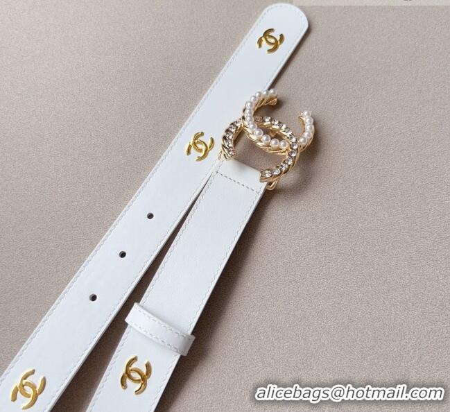 Most Popular Chanel Leather Belt with Pearl CC Buckle 30mm CH8234 White/Gold 2023