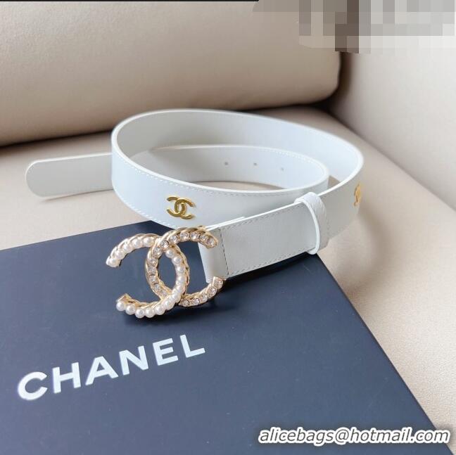 Most Popular Chanel Leather Belt with Pearl CC Buckle 30mm CH8234 White/Gold 2023