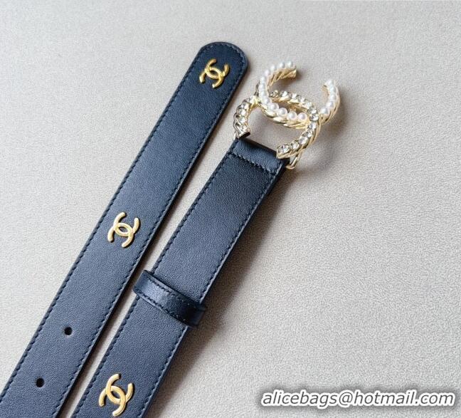 ​Buy Inexpensive Chanel Leather Belt with Pearl CC Buckle 30mm CH8235 Black/Gold 2023