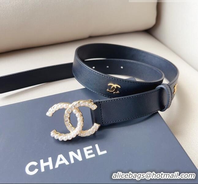 ​Buy Inexpensive Chanel Leather Belt with Pearl CC Buckle 30mm CH8235 Black/Gold 2023