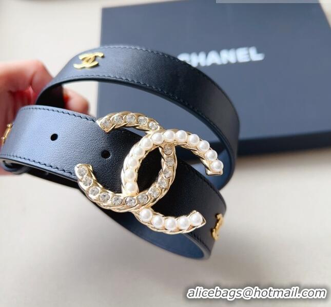 ​Buy Inexpensive Chanel Leather Belt with Pearl CC Buckle 30mm CH8235 Black/Gold 2023