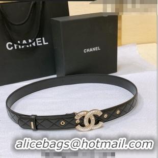 ​Best Price Chanel Quilted Calfskin Belt with Crystal CC Buckle 3cm 0803 Black 2023