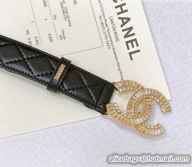 ​Best Price Chanel Quilted Calfskin Belt with Crystal CC Buckle 3cm 0803 Black 2023