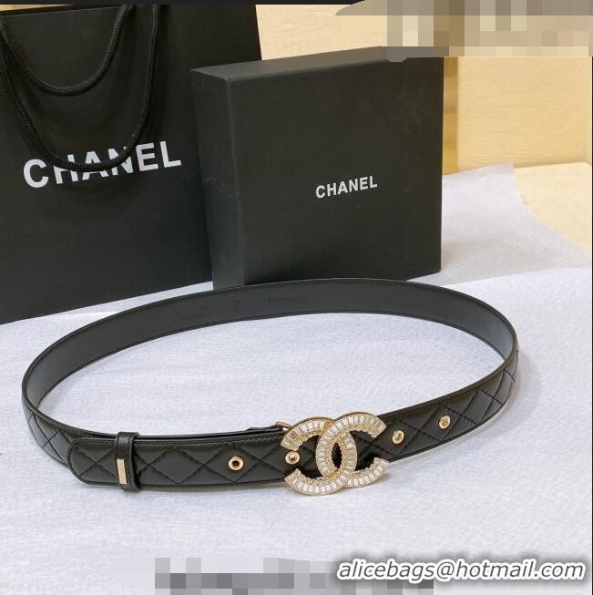 ​Best Price Chanel Quilted Calfskin Belt with Crystal CC Buckle 3cm 0803 Black 2023