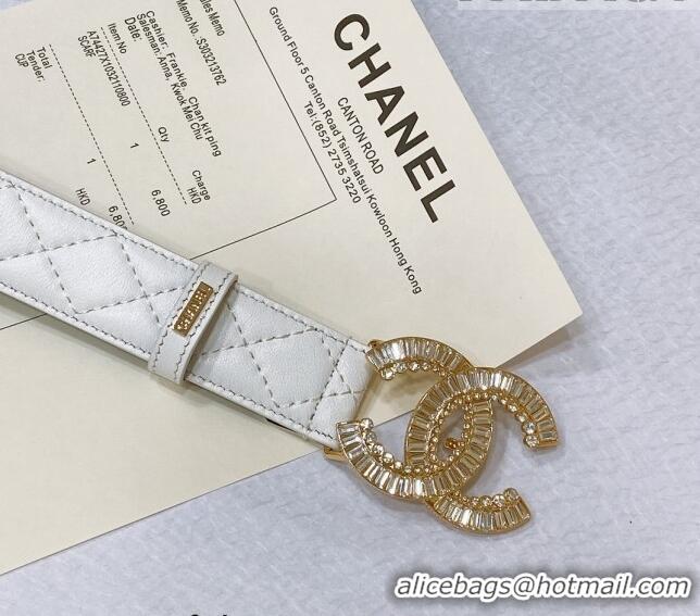 ​Inexpensive Chanel Calfskin Belt with Crystal CC Buckle 3cm 0803 White 2023