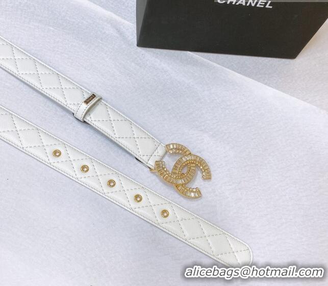 ​Inexpensive Chanel Calfskin Belt with Crystal CC Buckle 3cm 0803 White 2023