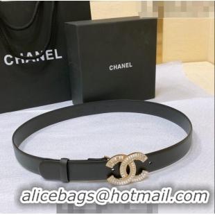 Shop Chanel Calfskin Belt with Crystal CC Buckle 3cm 0803 Black 2023