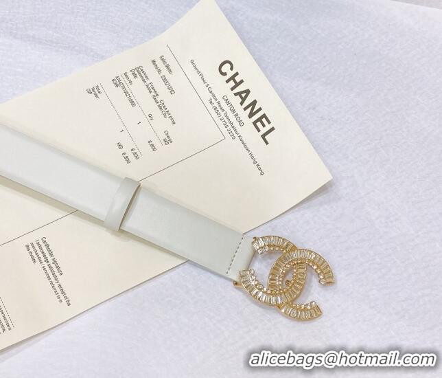 Good Taste Chanel Calfskin Belt with Crystal CC Buckle 3cm 0803 White 2023