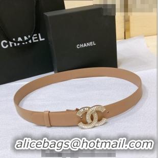 ​Good Looking Chanel Calfskin Belt with Crystal CC Buckle 3cm 0803 Beige 2023