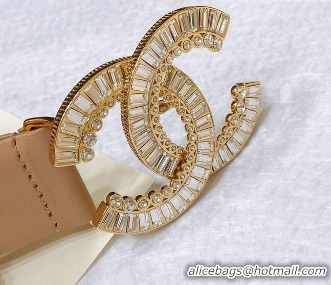 ​Good Looking Chanel Calfskin Belt with Crystal CC Buckle 3cm 0803 Beige 2023