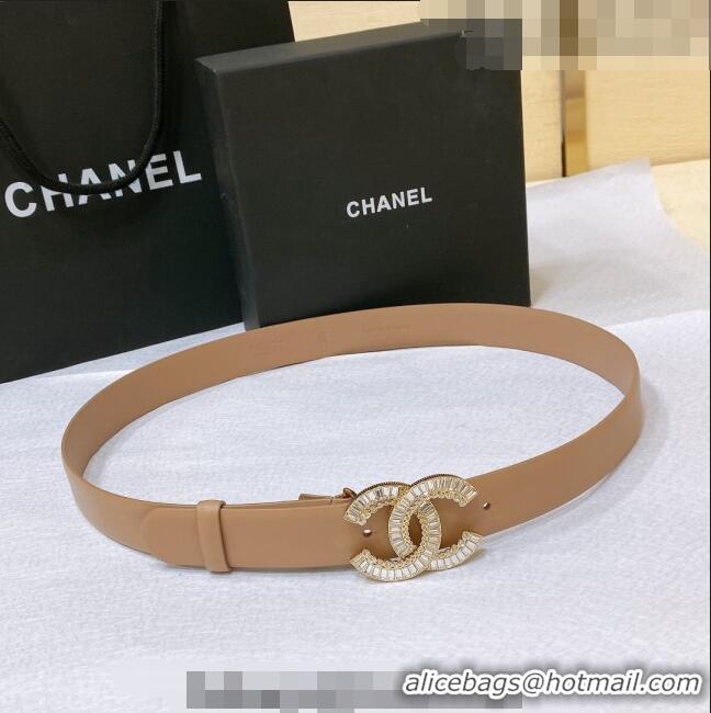 ​Good Looking Chanel Calfskin Belt with Crystal CC Buckle 3cm 0803 Beige 2023