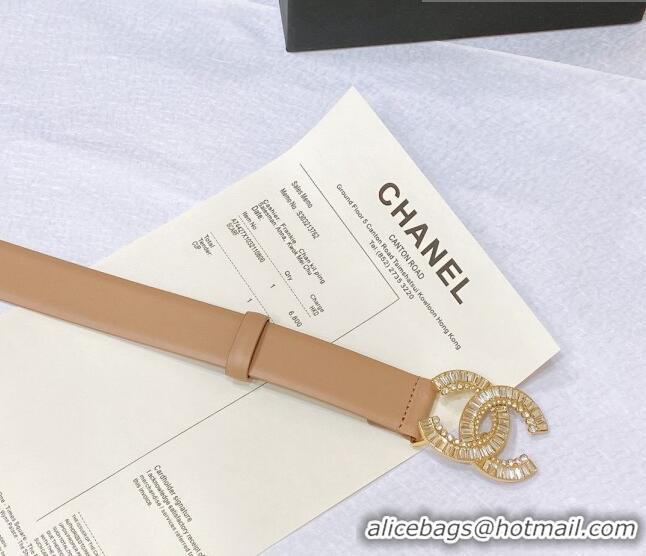 ​Good Looking Chanel Calfskin Belt with Crystal CC Buckle 3cm 0803 Beige 2023