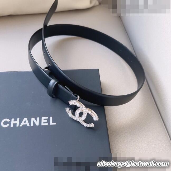 ​Top Quality Chanel Leather Belt 3cm with CC Buckle,Crystals and Pearls CH8155 Black/Silver 2023