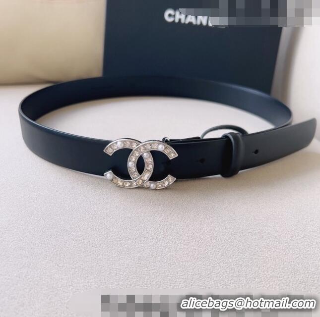 ​Top Quality Chanel Leather Belt 3cm with CC Buckle,Crystals and Pearls CH8155 Black/Silver 2023