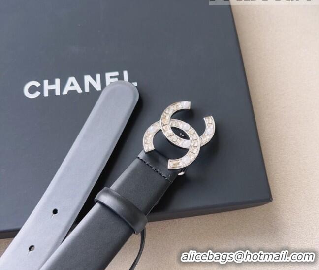 ​Top Quality Chanel Leather Belt 3cm with CC Buckle,Crystals and Pearls CH8155 Black/Silver 2023