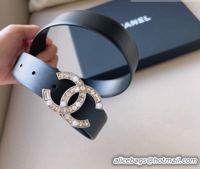 ​Top Quality Chanel Leather Belt 3cm with CC Buckle,Crystals and Pearls CH8155 Black/Silver 2023