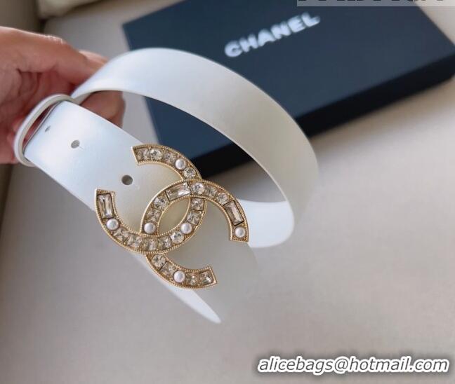 Popular Style Chanel Leather Belt 3cm with CC Buckle,Crystals and Pearls CH8155 White 2023