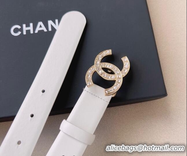 Popular Style Chanel Leather Belt 3cm with CC Buckle,Crystals and Pearls CH8155 White 2023