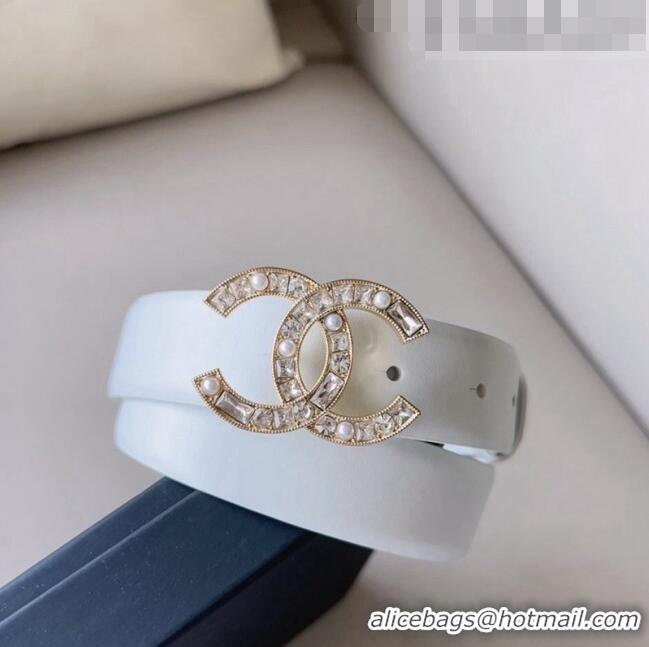 Popular Style Chanel Leather Belt 3cm with CC Buckle,Crystals and Pearls CH8155 White 2023