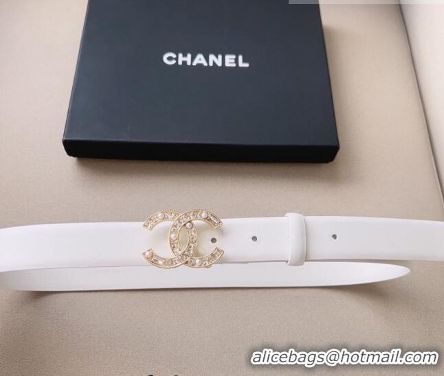 Popular Style Chanel Leather Belt 3cm with CC Buckle,Crystals and Pearls CH8155 White 2023