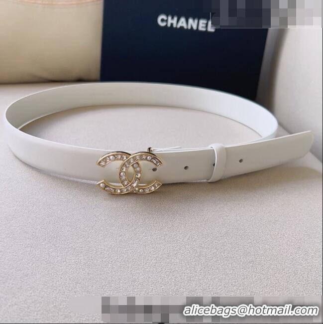 Popular Style Chanel Leather Belt 3cm with CC Buckle,Crystals and Pearls CH8155 White 2023