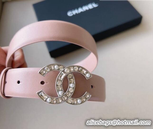 Best Price Chanel Leather Belt 3cm with CC Buckle,Crystals and Pearls CH8155 Light Pink 2023