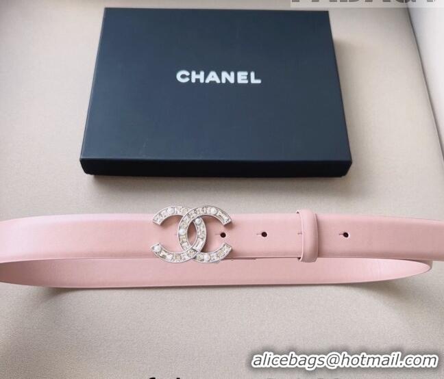 Best Price Chanel Leather Belt 3cm with CC Buckle,Crystals and Pearls CH8155 Light Pink 2023