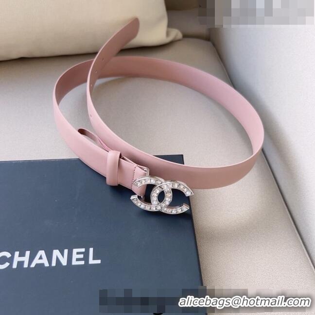 Best Price Chanel Leather Belt 3cm with CC Buckle,Crystals and Pearls CH8155 Light Pink 2023