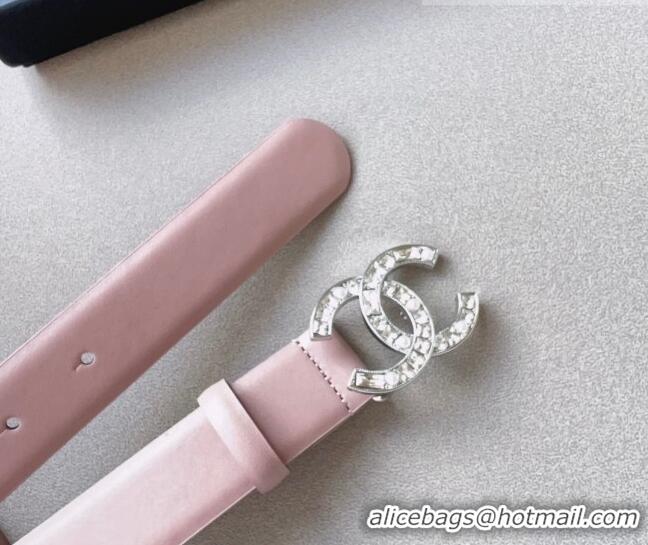 Best Price Chanel Leather Belt 3cm with CC Buckle,Crystals and Pearls CH8155 Light Pink 2023