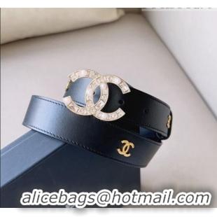 Top Design Chanel Leather Belt 3cm with CC Buckle,Crystals and Pearls CH8159 Black 2023